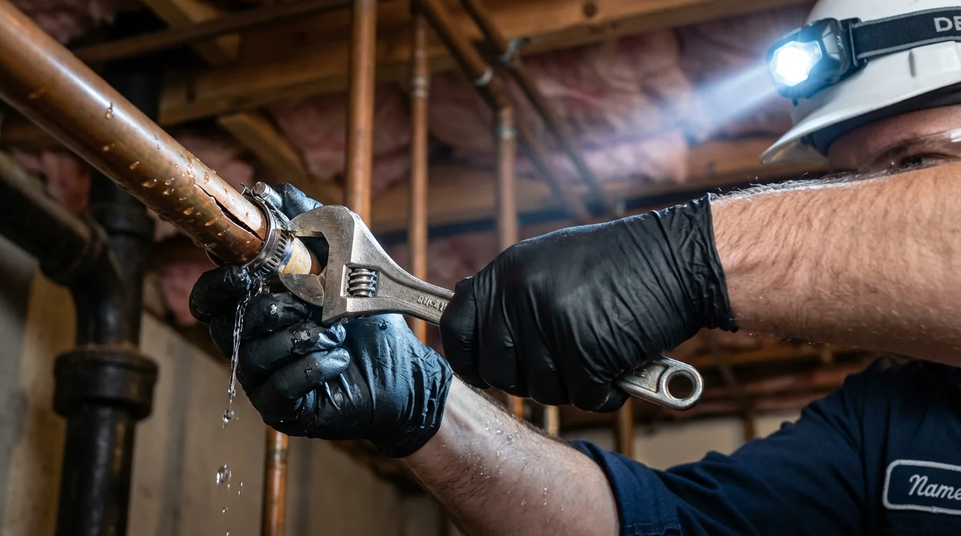 Emergency pipe clamp repair being performed by a Johns Plumbing LLC plumber in Derry