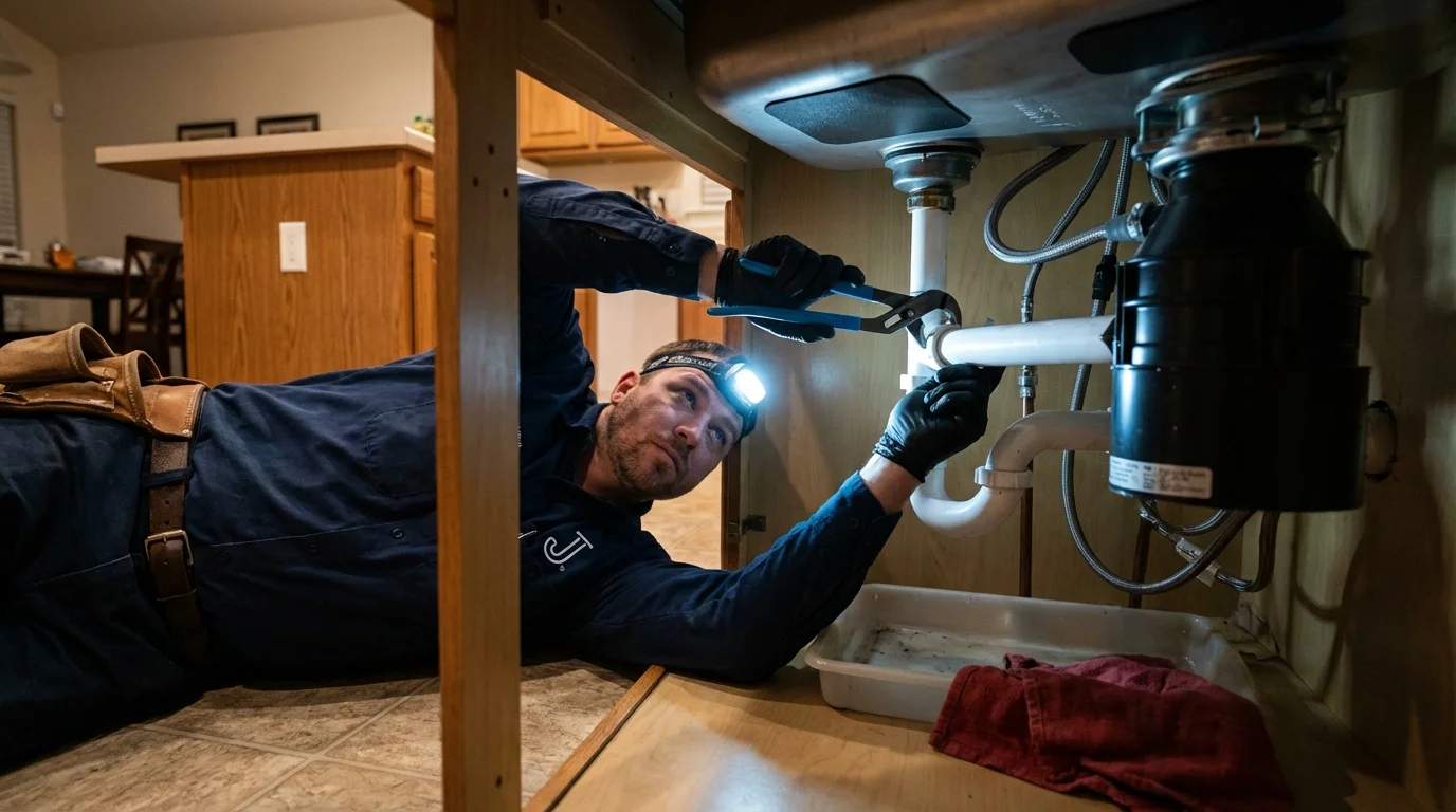 P-trap and supply line connections under a kitchen sink showing a common leak point in Derry, PA